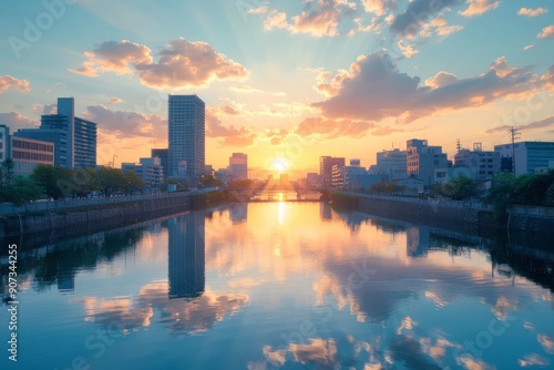 Sunset over river in city, sun casting warm glow on water, buildings silhouetted against colorful sky, A serene sunset over a skyline of buildings reflecting in a calm river, AI generated