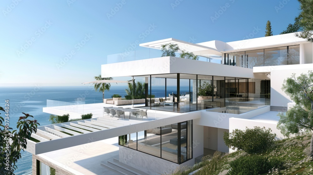 A contemporary coastal villa with a sleek white exterior, expansive glass walls, and a rooftop terrace with a pergola and ocean views. A contemporary coastal villa with a sleek white exterior, expansive glass walls, and a rooftop terrace with a pergola and ocean views.