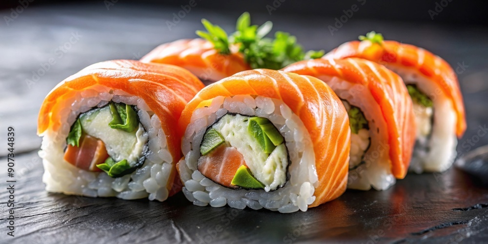 Closeup of a delicious double salmon roll, sushi, Japanese cuisine, seafood, roll, salmon, fresh, closeup, close-up Closeup of a delicious double salmon roll, sushi, Japanese cuisine, seafood, roll, salmon, fresh, closeup, close-up