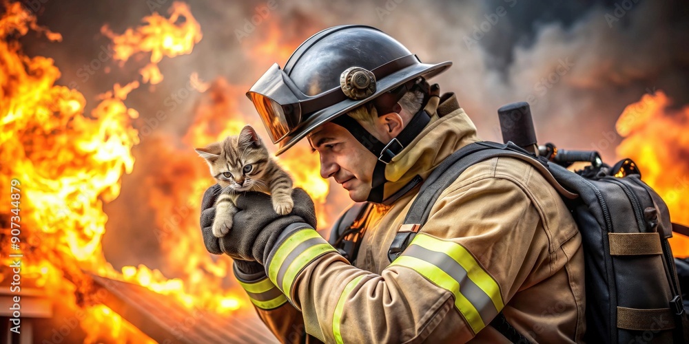 Fireman heroically rescuing a kitten from a burning building, firefighter, saving, pet, animal, emergency, danger Fireman heroically rescuing a kitten from a burning building, firefighter, saving, pet, animal, emergency, danger