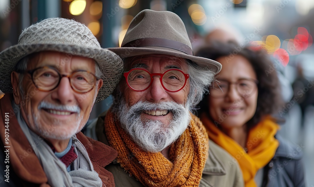 A joyful group of senior people is smiling together outside, with delightful older friends enjoying a day out, walking on a city street and hugging in a warm display of affection. A joyful group of senior people is smiling together outside, with delightful older friends enjoying a day out, walking on a city street and hugging in a warm display of affection.
