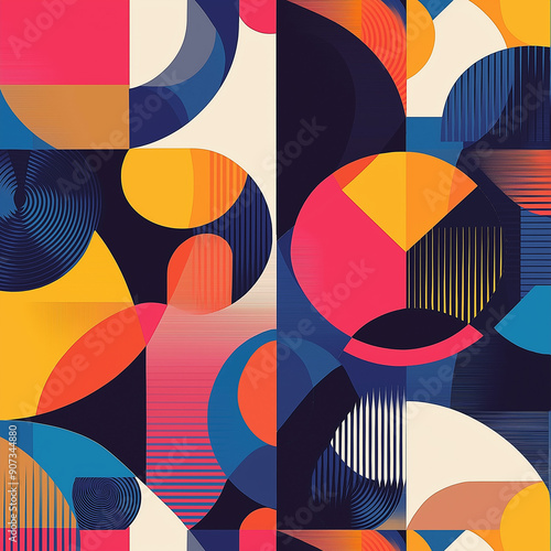A vibrant geometric pattern background with bold shapes and contrasting colors