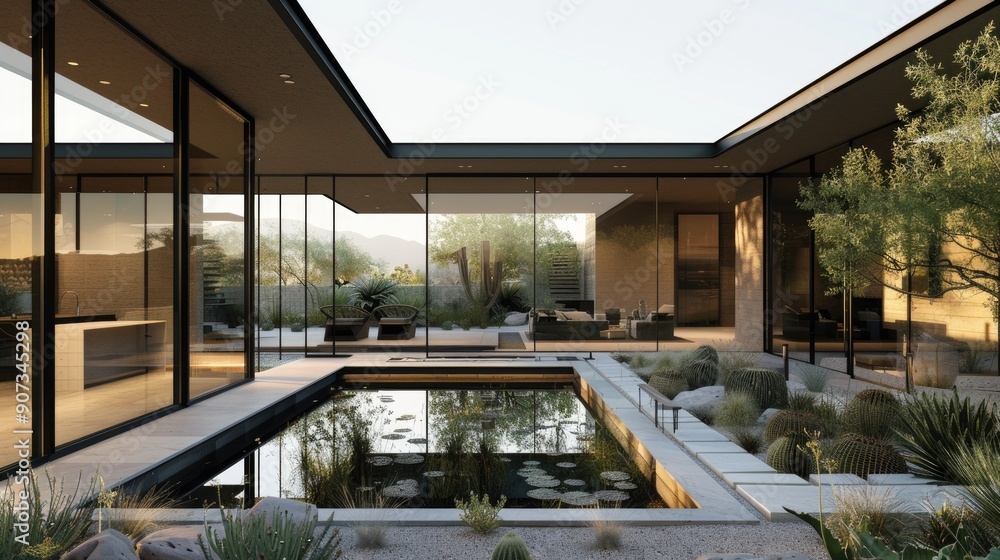 A contemporary desert home with a low-profile design, large glass walls ...