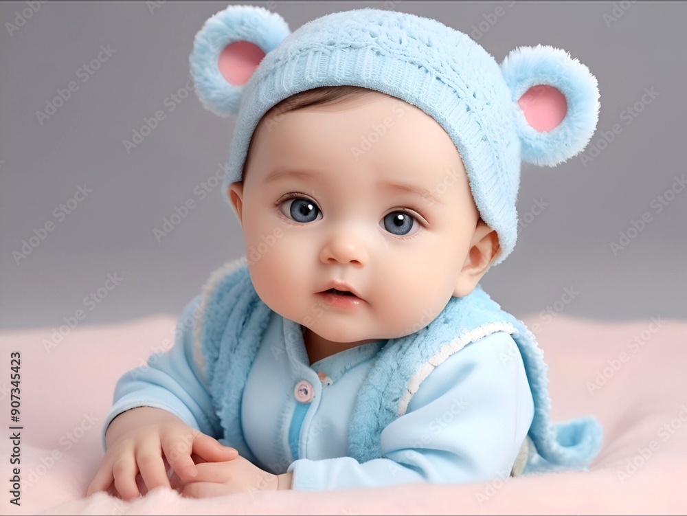 Beautiful and cute little boy in a blue dress on a pile of cotton Beautiful and cute little boy in a blue dress on a pile of cotton