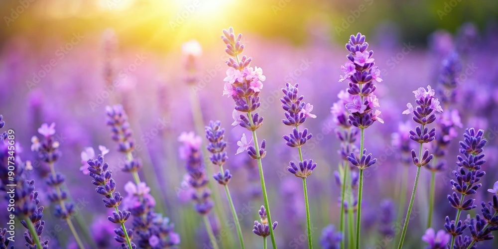 Fototapeta premium Lavender flowers border with soft focus background, lavender, flowers, border, purple, blooming, garden, aromatic, botanical