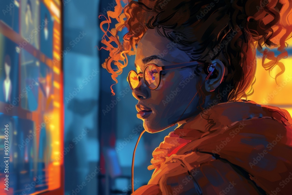 Young Woman with Headphones and Glasses in a Digital World Young Woman with Headphones and Glasses in a Digital World