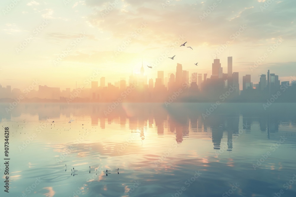 Urban skyline reflected in water's surface, A serene and tranquil city skyline with a feeling of peace and serenity, AI generated Urban skyline reflected in water's surface, A serene and tranquil city skyline with a feeling of peace and serenity, AI generated
