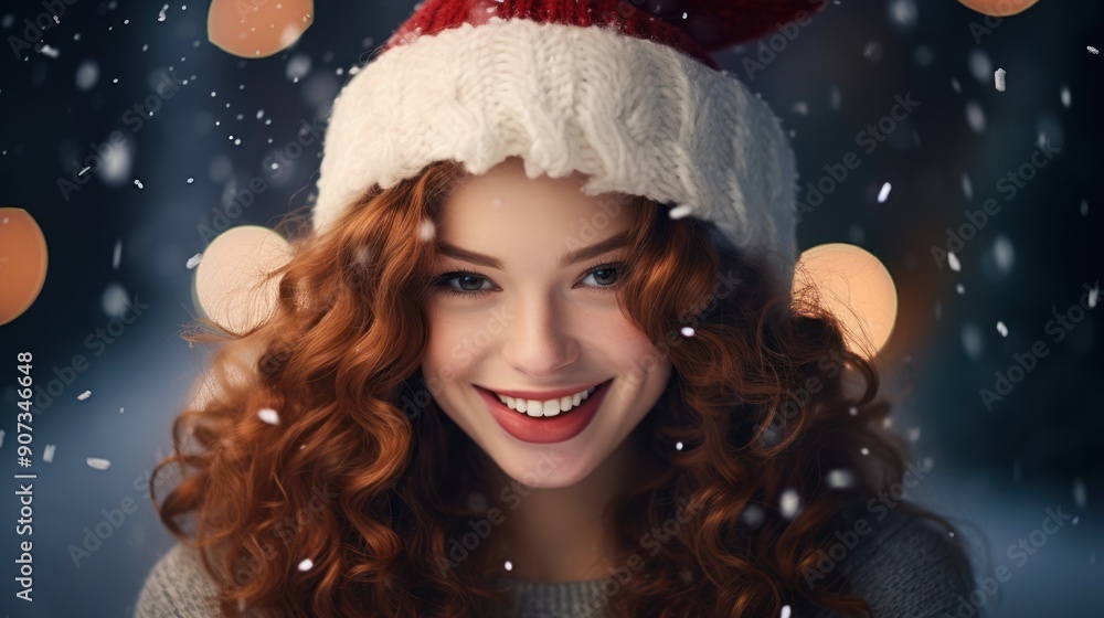 A charming redhead with bouncy curls and a Santa hat, A charming redhead with bouncy curls and a Santa hat,
