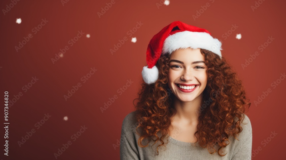 A curly-haired redhead wearing a festive Santa hat smiles warmly A curly-haired redhead wearing a festive Santa hat smiles warmly