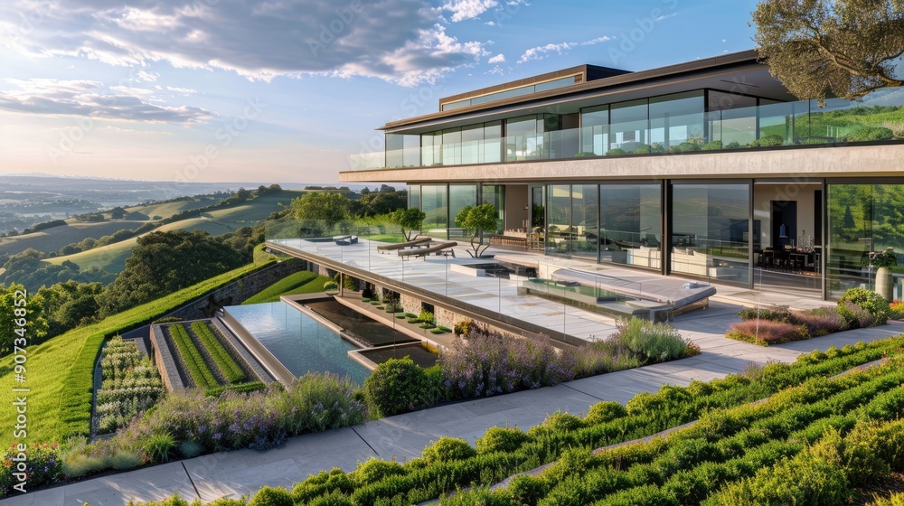 A contemporary hilltop mansion with terraced gardens, large glass walls, and an infinity pool offering panoramic views of a sprawling valley. A contemporary hilltop mansion with terraced gardens, large glass walls, and an infinity pool offering panoramic views of a sprawling valley.