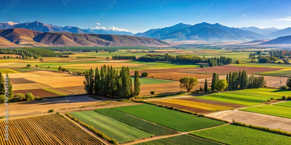 A scenic view of crop fields and farms in Region del Maule, Chile, agriculture, farmland, countryside, landscape A scenic view of crop fields and farms in Region del Maule, Chile, agriculture, farmland, countryside, landscape