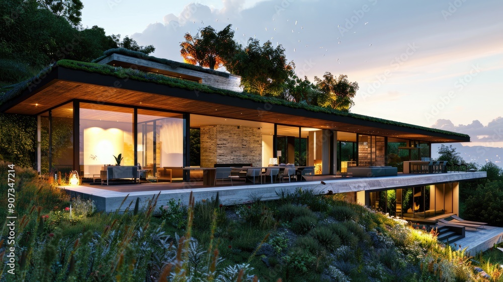 A contemporary home built into a hillside with a green roof, large windows positioned for optimal natural light, and an outdoor dining area. A contemporary home built into a hillside with a green roof, large windows positioned for optimal natural light, and an outdoor dining area.