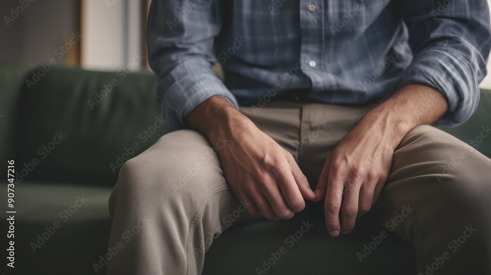 A man at home stands with his hand in his empty, A man at home stands with his hand in his empty,