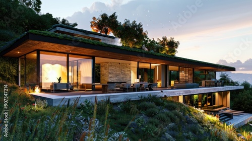 A contemporary home built into a hillside with a green roof, large windows positioned for optimal natural light, and an outdoor dining area.