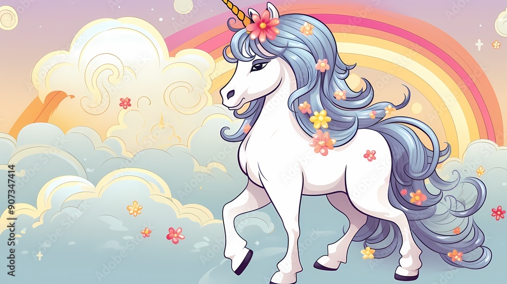 Fototapeta premium A vibrant cartoon unicorn with a rainbow mane, ideal for children's designs and fantasy themes.