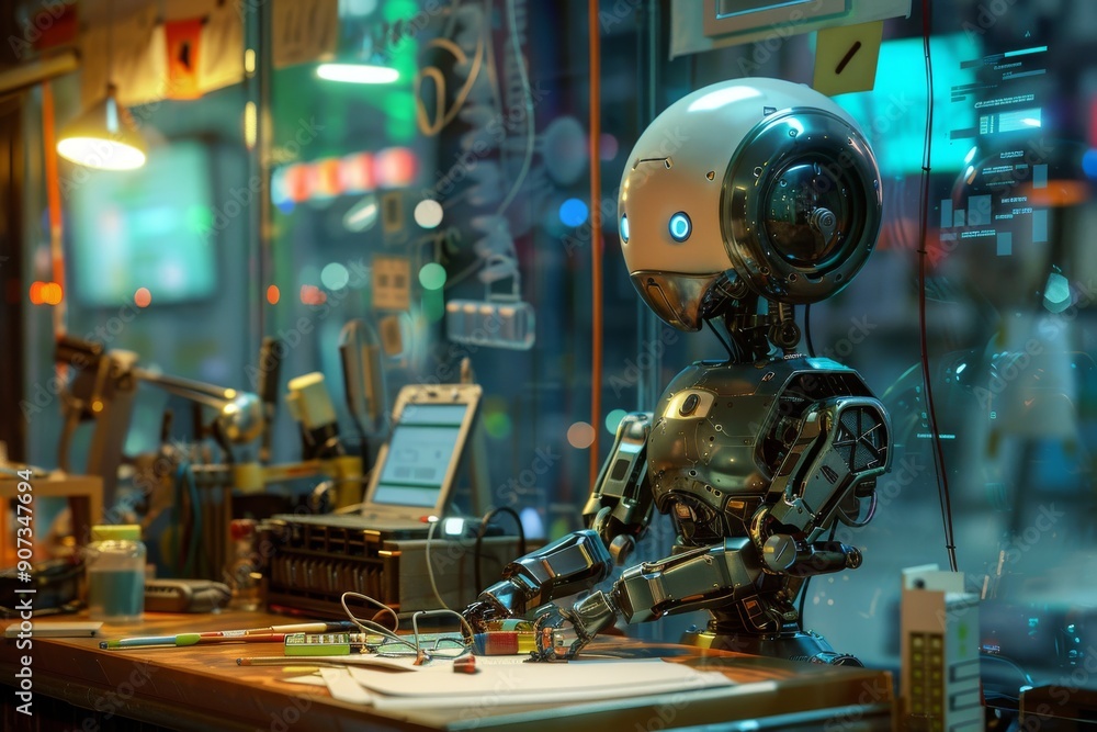 A robot working at a desk with a computer, A robot observing a human working, AI generated A robot working at a desk with a computer, A robot observing a human working, AI generated
