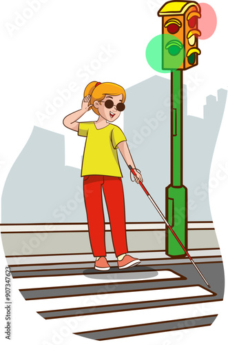 Young blind girl walking with a cane vector isolated. Female character in sunglasses with stick. Concept of people with disabilities. Impaired child