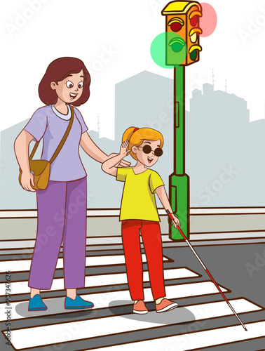 Friend, help a visually impaired friend cross the street. vector illustration.
