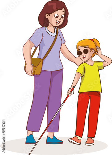 Blind Girl Character Using Cane to Cross the Street with Adult Help.