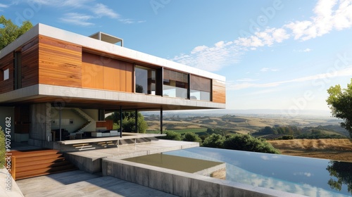 Wallpaper Mural A contemporary home with a cantilevered design, featuring a concrete base, wooden upper levels, and a sleek infinity pool overlooking a scenic valley. Torontodigital.ca