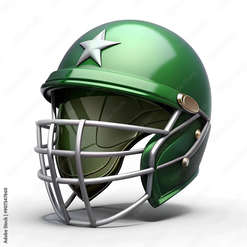 Fototapeta premium A green Pakistani cricket helmet with star detailing is displayed, symbolizing protection, sportsmanship, and the passion of the game for players and fans alike.