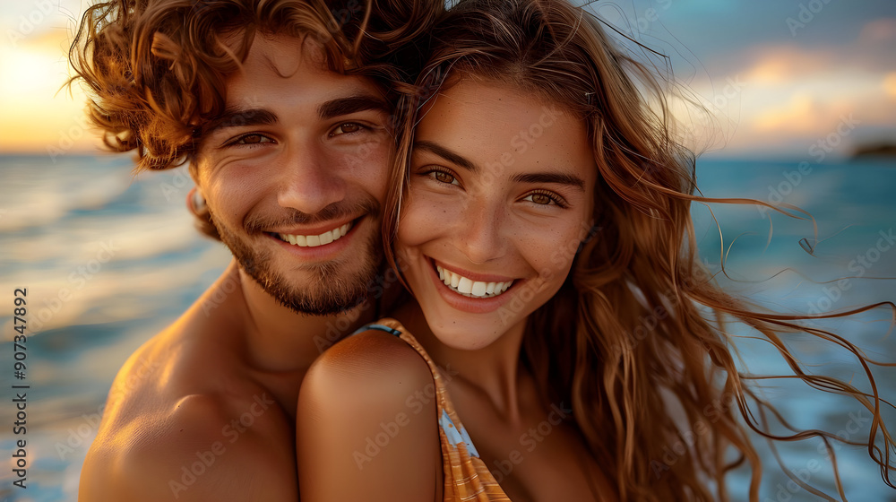 Couple Smiling Beach Sunset Couple Smiling Beach Sunset