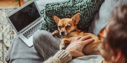 Cozy Couch Companionship: A Person Cuddling Their Chihuahua Puppy with a Laptop Open Nearby, Exuding Warmth and Leisure