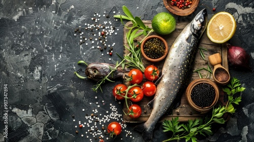 Healthy meal with black caviar sturgeon and fresh stellate sturgeon on rustic background photo