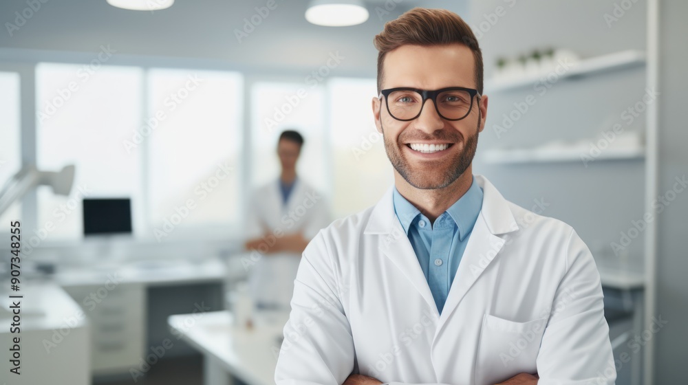 A young male optician doctor wearing eyeglasses smiles cheerfully at the camera A young male optician doctor wearing eyeglasses smiles cheerfully at the camera