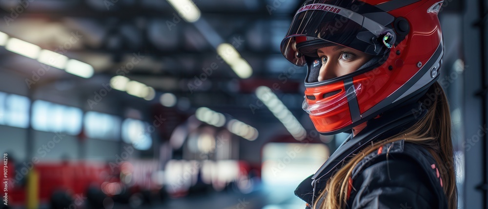Obraz premium Female racer in a racing helmet and suit. Free copy space for text.