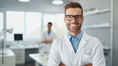 A young male optician doctor wearing eyeglasses smiles cheerfully at the camera