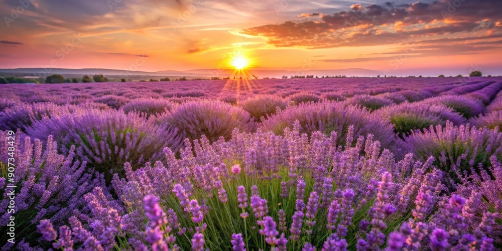 Obraz premium Field of purple lavender flowers with sun setting in background, lavender, flowers, field, purple, sunset, sun, nature