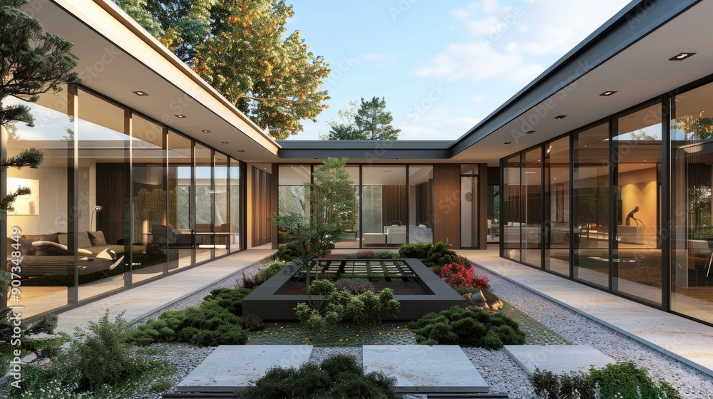 A contemporary home with a U-shaped design, featuring a central courtyard garden, large glass panels, and a sleek, minimalist exterior. A contemporary home with a U-shaped design, featuring a central courtyard garden, large glass panels, and a sleek, minimalist exterior.