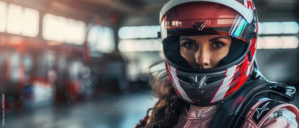 Female racer in a racing helmet and suit. Free copy space for text. Female racer in a racing helmet and suit. Free copy space for text.
