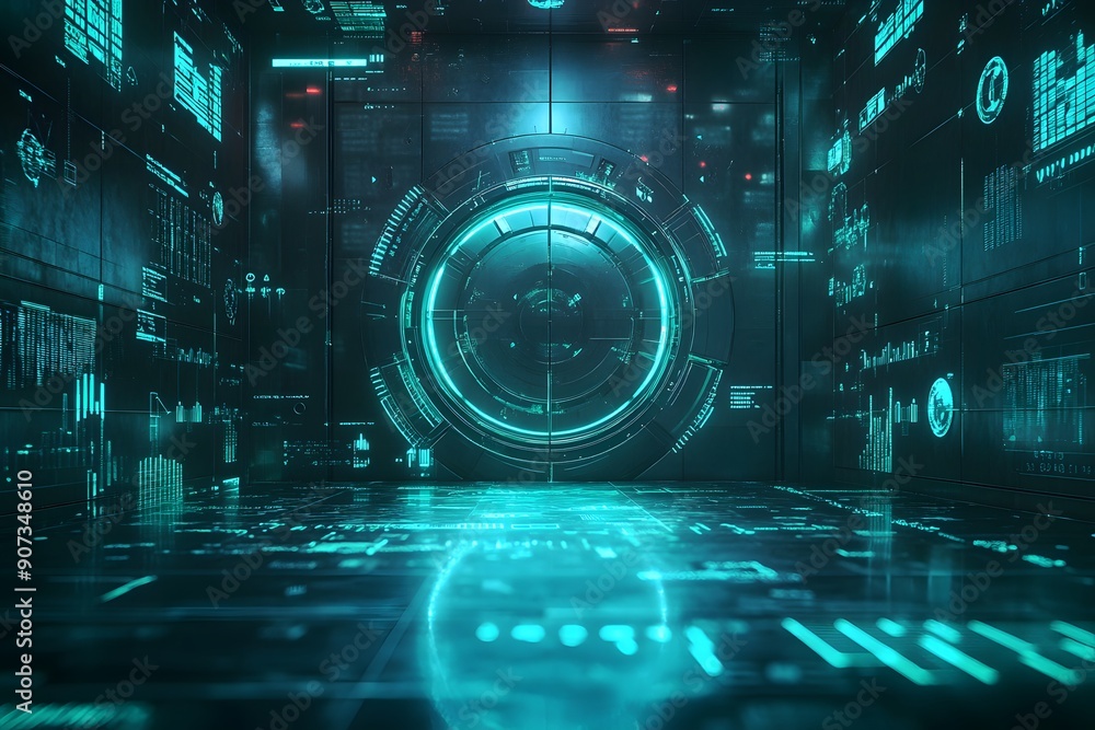 A design featuring a vault door surrounded by currency symbols and financial graphs. The background is dark with neon blue and green highlights, symbolizing the security and protection of financial A design featuring a vault door surrounded by currency symbols and financial graphs. The background is dark with neon blue and green highlights, symbolizing the security and protection of financial
