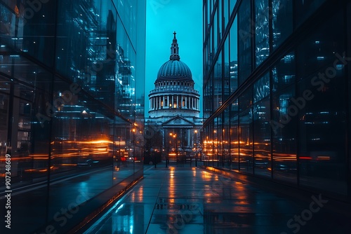 Aerial night view of St Paul's Cathedral, an Anglican cathedral on Ludgate Hill in London, UK photo