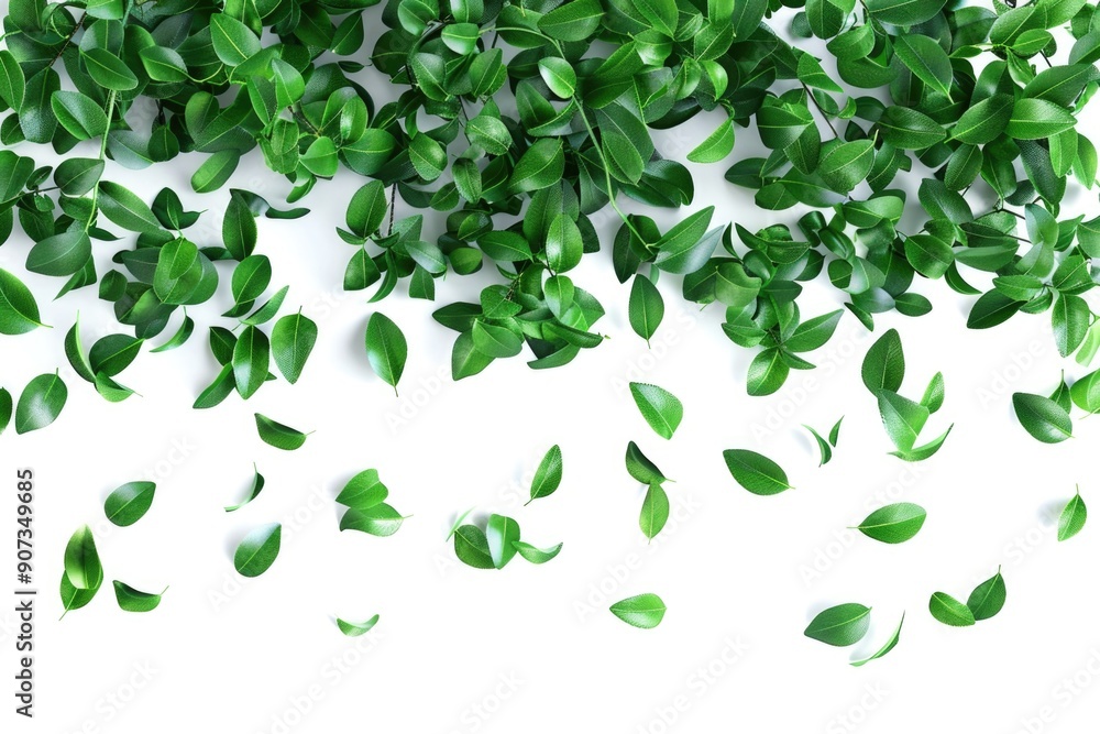 A collection of green leaves arranged on a white background A collection of green leaves arranged on a white background