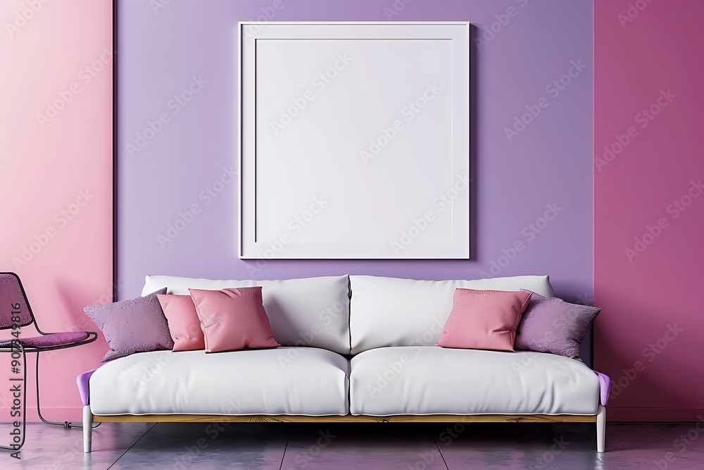 Sleek Modern Living Area with Single Sofa and White Frame on Lavender Wall Sleek Modern Living Area with Single Sofa and White Frame on Lavender Wall