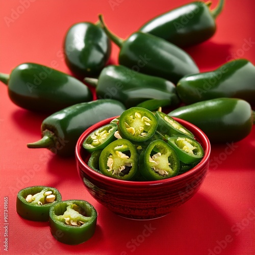 Green jalapeno pepper slices in bowl on red background