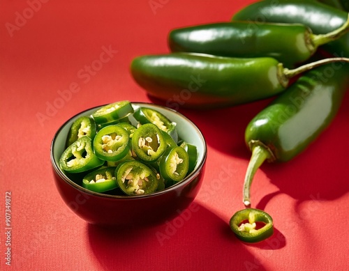 Green jalapeno pepper slices in bowl on red background photo