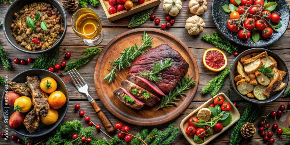 Flat lay of a festive Christmas dinner table with roasted meat steak, appetizers, and desserts , Christmas, delicious, holiday Flat lay of a festive Christmas dinner table with roasted meat steak, appetizers, and desserts , Christmas, delicious, holiday