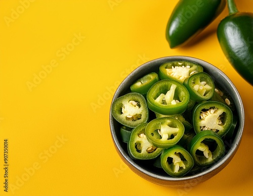 Green jalapeno pepper slices in bowl on yellow background photo