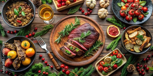 Wallpaper Mural Flat lay of a festive Christmas dinner table with roasted meat steak, appetizers, and desserts , Christmas, delicious, holiday Torontodigital.ca