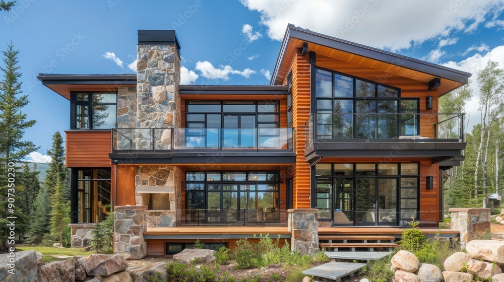 A contemporary mountain home with a combination of stone and wood siding, large windows providing panoramic views, and a spacious deck. A contemporary mountain home with a combination of stone and wood siding, large windows providing panoramic views, and a spacious deck.