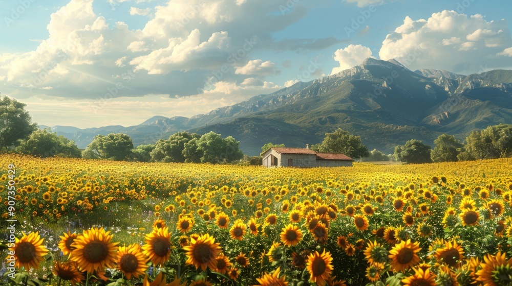 Obraz premium Sunflowers in a Field With a House and Mountains in the Background