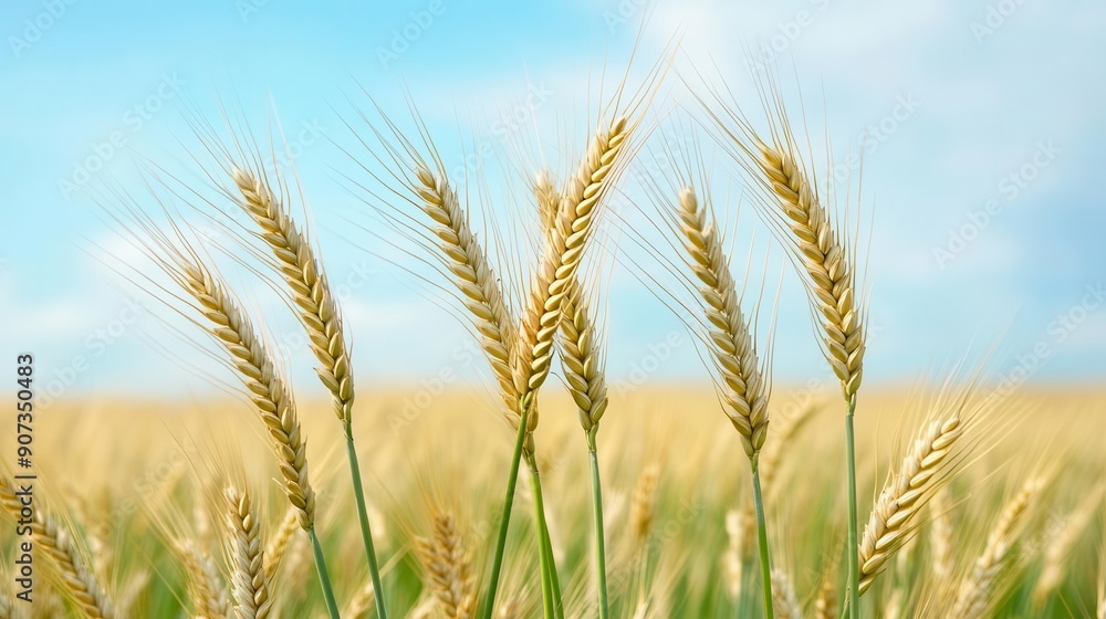 Golden wheat sways gently in the breeze under a clear blue sky, representing the beauty of agricultural landscapes. Golden wheat sways gently in the breeze under a clear blue sky, representing the beauty of agricultural landscapes.