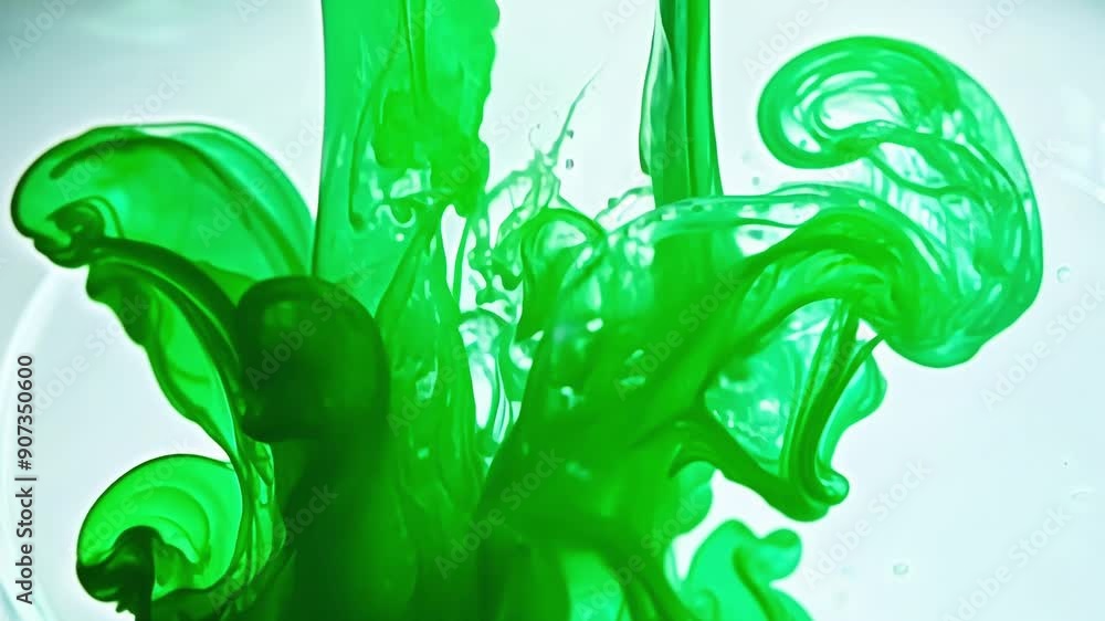 A drop of green food coloring enters the water and quickly breaks apart into elegant swirls and patterns. A drop of green food coloring enters the water and quickly breaks apart into elegant swirls and patterns.