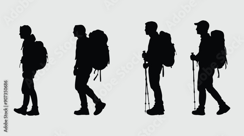 Hiking people with backpacks vector silhouette illustration isolated on white background.