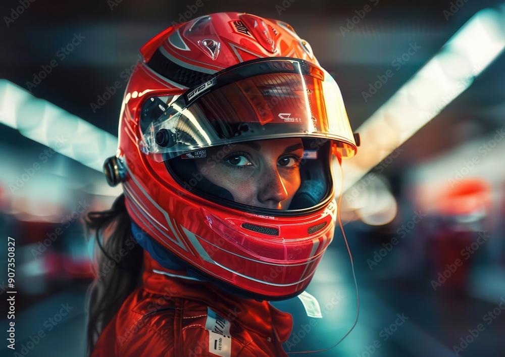 Female racer in a racing helmet and suit. Free copy space for text. Female racer in a racing helmet and suit. Free copy space for text.