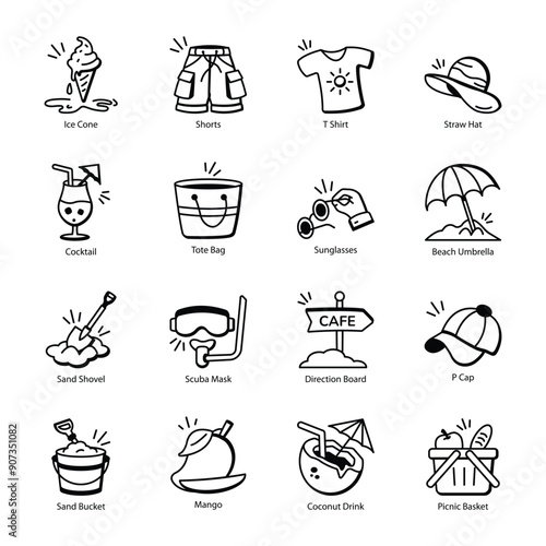 Bundle of Summer Doodle Icons 

